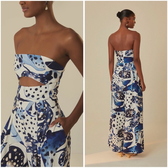 FARM Rio Pants - Farm Rio Off-White Mantas Strapless Maxi Jumpsuit